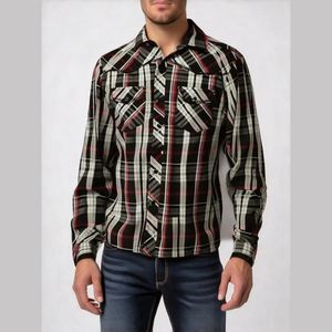 Chals Men Size Medium Black Red‎ Long Sleeve Snap Front Pockets Western Shirt